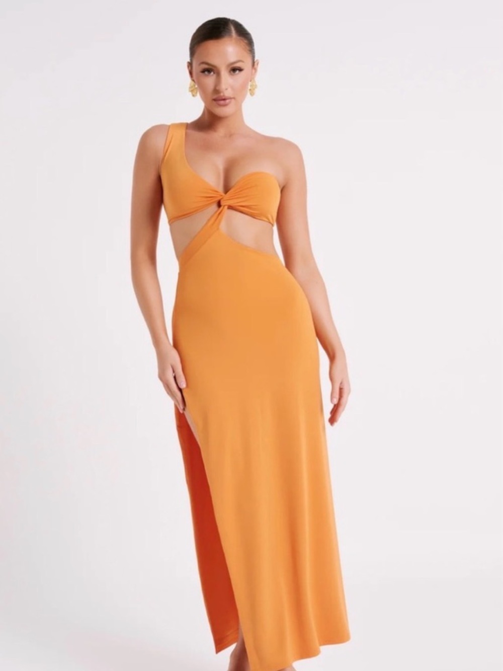Meshki Orange One-Shoulder Twist Cutout Maxi Dress